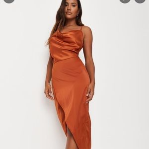 missguided Rust Satin Drape Asymmetric Strap Midi Dress